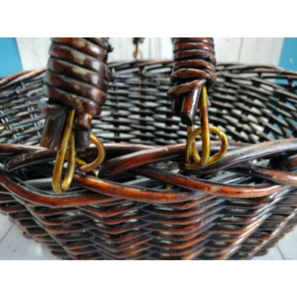 Vintage Swing Handle Woven Basket Dark Brown Deep Boho Picnic Storage Large - Picture 2 of 10